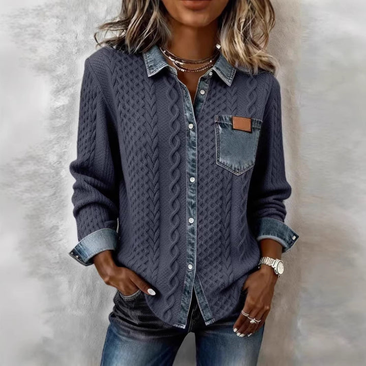 Women’s knit cardigan with denim-look collar, decorative button placket and chest pocket Mune Fashion