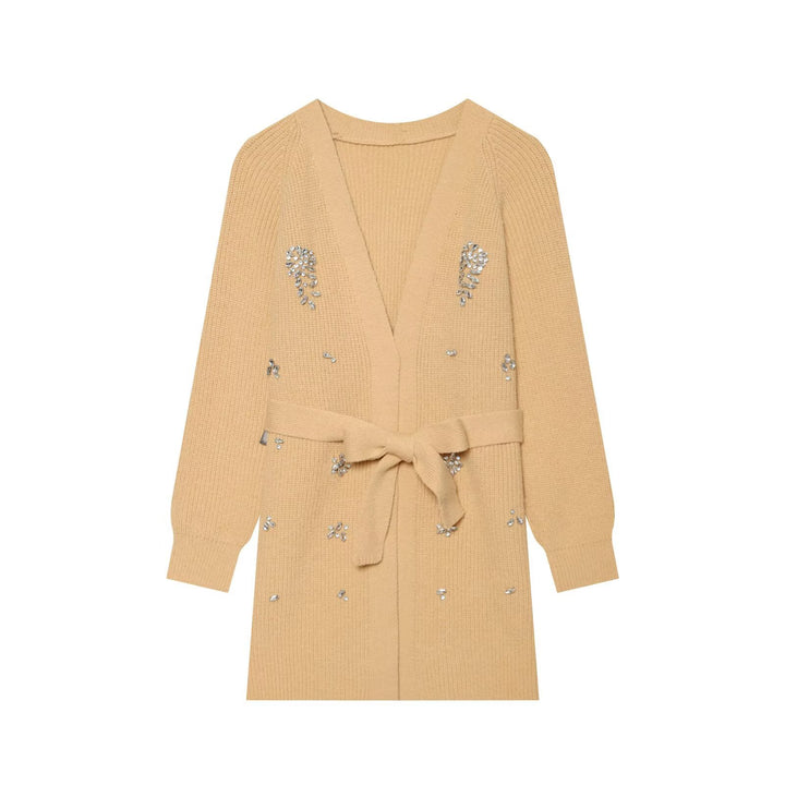 Women's long cardigan with tie belt and gemstone appliqué Mune Fashion