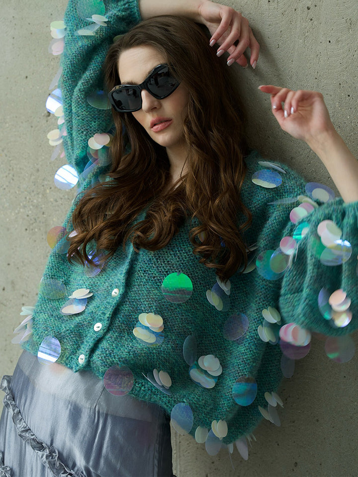 Women's Chunky Knit Mohair Cardigan with Oversized Sequins and Boxy Silhouette Mune Fashion