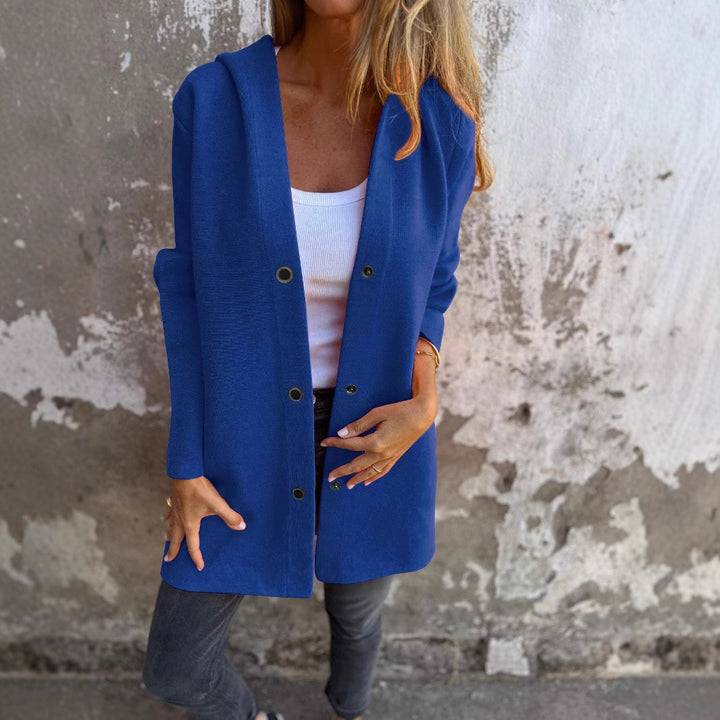 Women Straight Midi Coat made of Wool Blend with Stand Collar and Snap Button Closure Drune