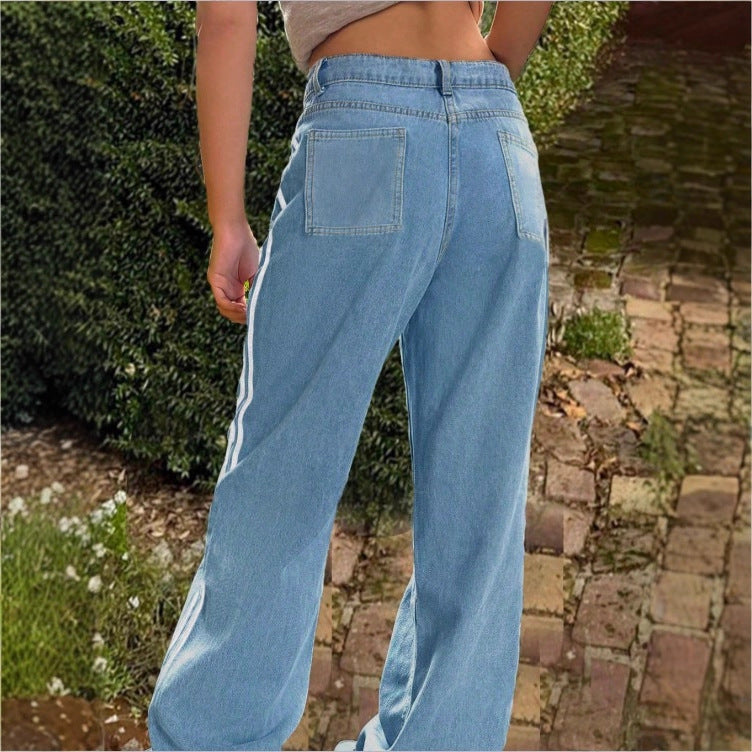 Women's wide High-Waist denim jeans with side contrast stripe Mune Fashion