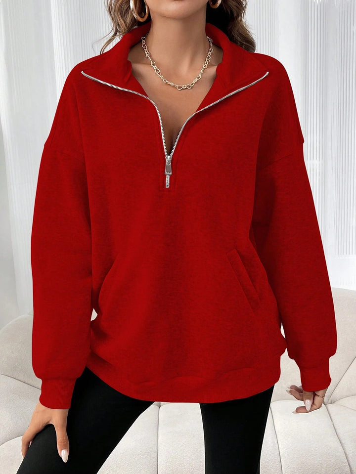 Women's Casual Sweat Pullover with Half Zipper and Side Pockets Mune