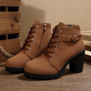 Women ankle-high lace-up ankle boots with side zipper, decorative belt loop, medium-high block heel, and strong-profiled outsole Mune Fashion
