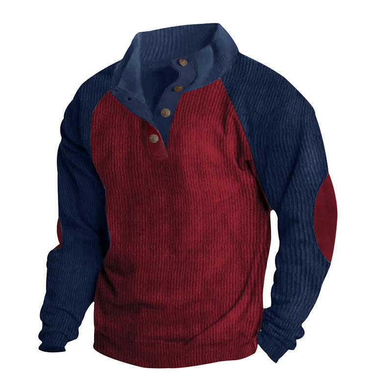 Men's Structured Raglan Henley Pullover with Stand Collar, Elbow Patches & Button Placket Mune Fashion