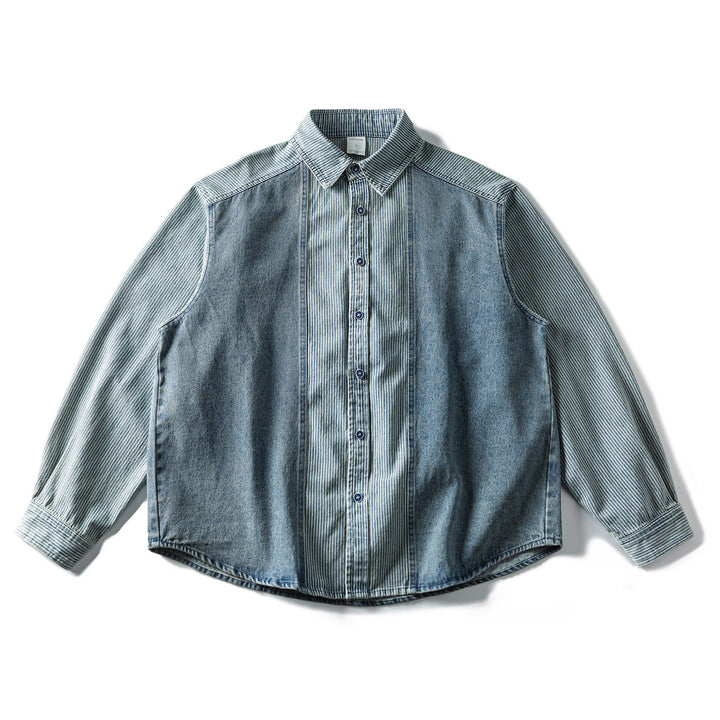 Men's Oversized Denim Shirt with Contrast Panels and Kent Collar Mune Fashion