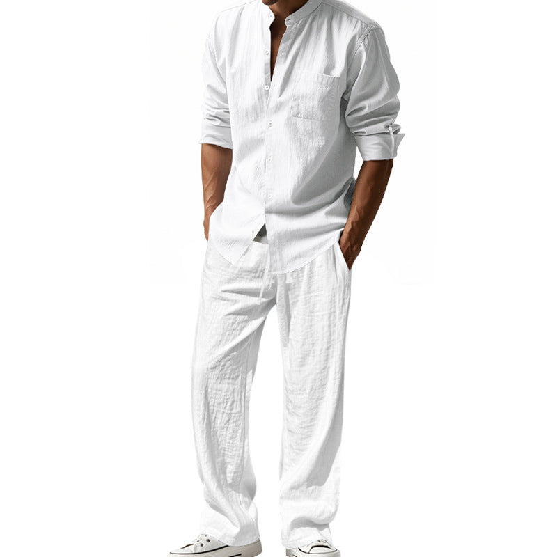 Men's Nan Leisure Linen Relax Set with Stand-Up Collar Shirt and Loose Drawstring Pants Mune Fashion