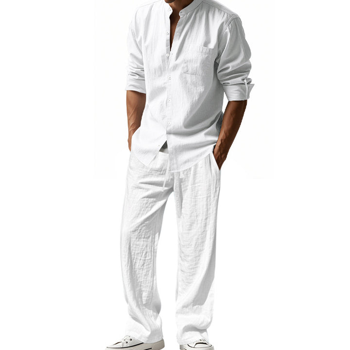 Men's Nan Leisure Linen Relax Set with Stand-Up Collar Shirt and Loose Drawstring Pants Mune Fashion