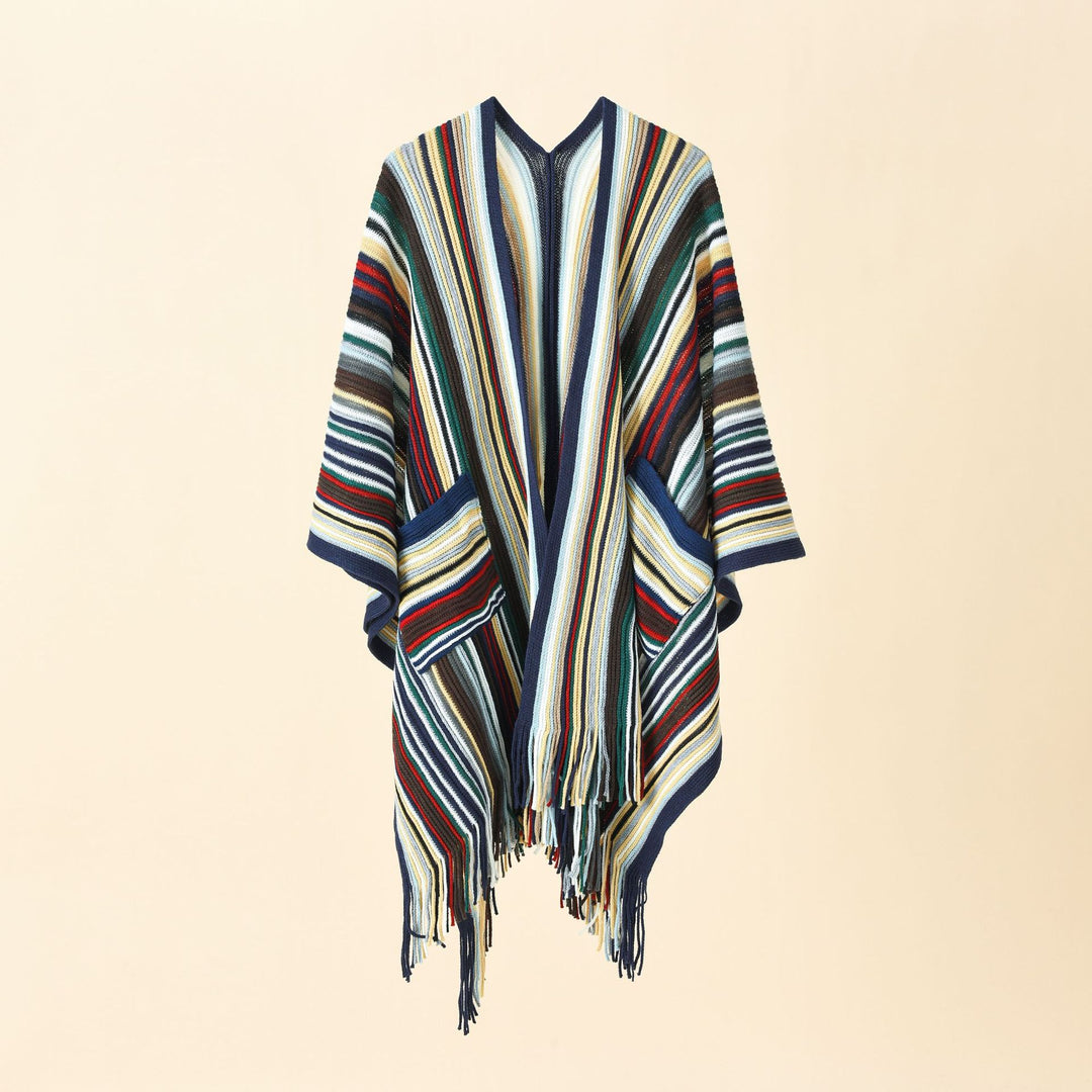 Women's Striped Knit Poncho with Fringes and Pockets Mune Fashion