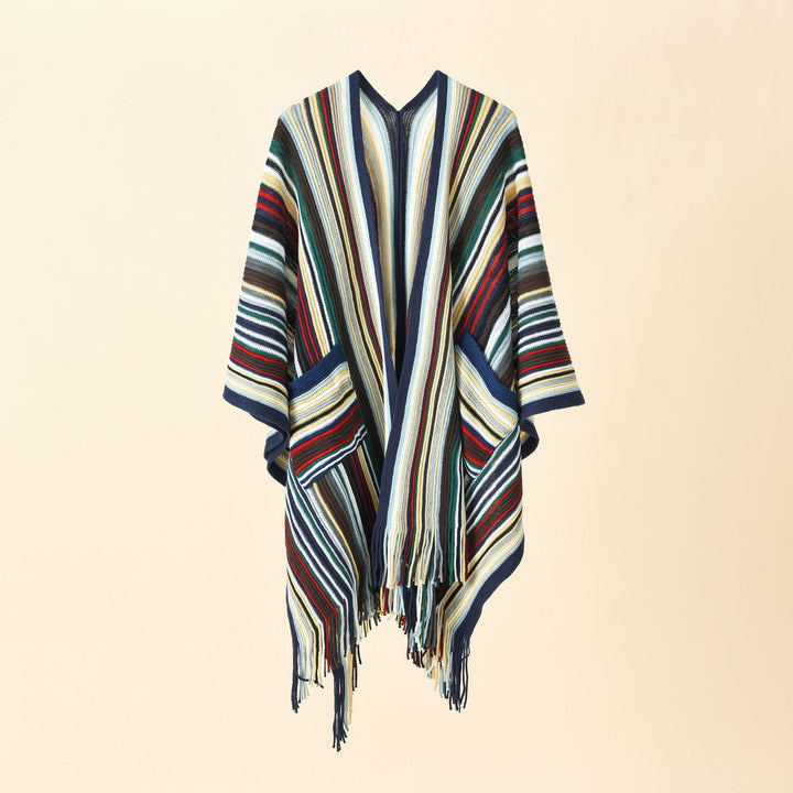 Women's Striped Knit Poncho with Fringes and Pockets Mune Fashion