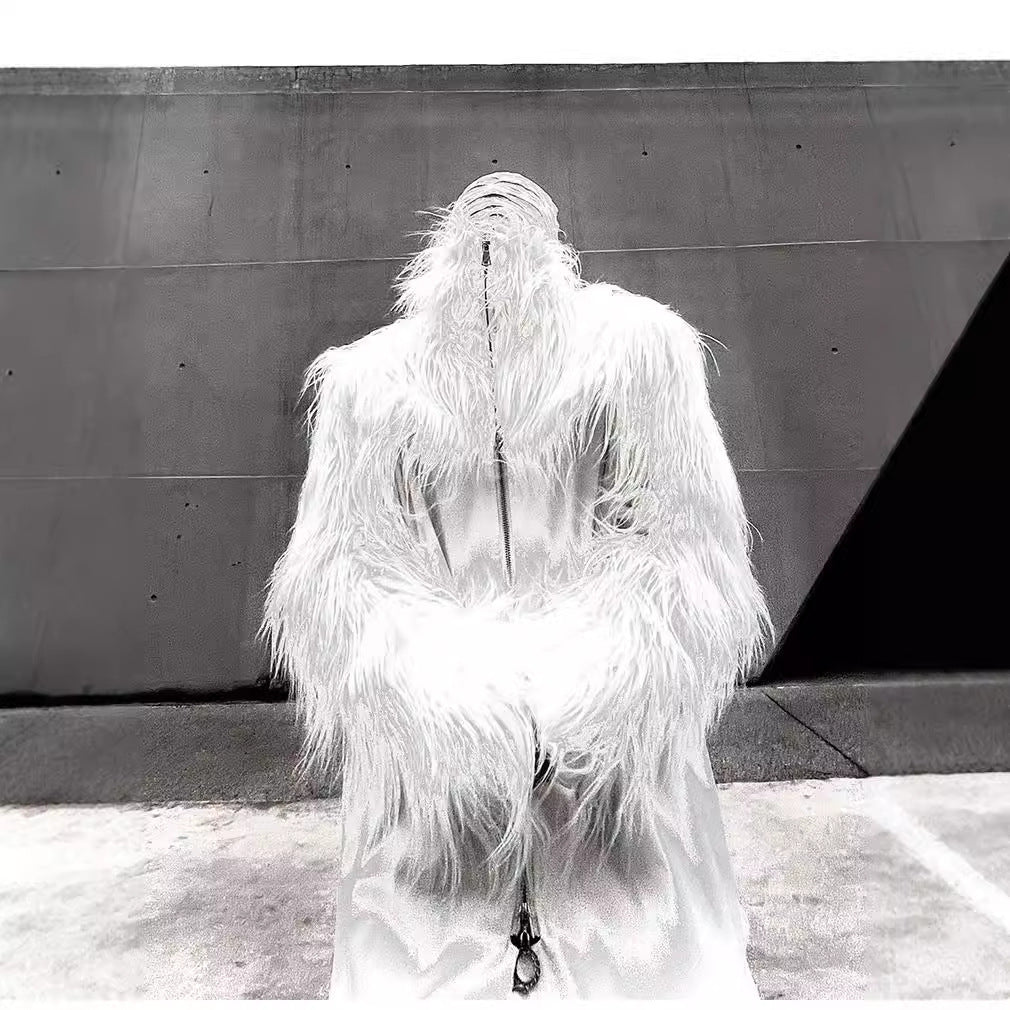 Men's Statement Faux Fur Jacket with Long Shaggy Sleeves and Asymmetrical Zipper Mune Fashion
