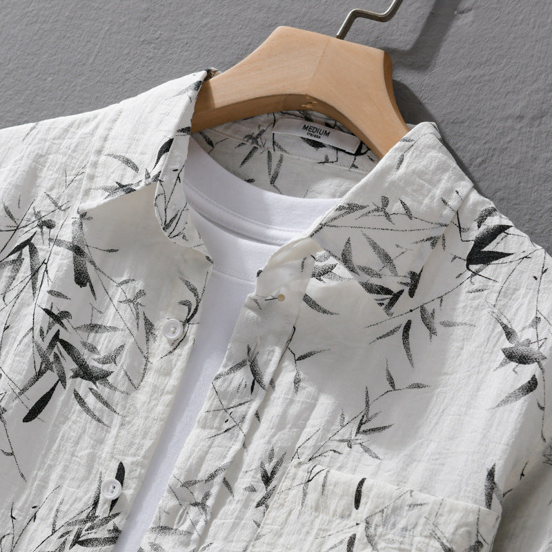 Men's Breathable Linen-Cotton Shirt with Botanical Brush Print and Kent Collar Mune Fashion