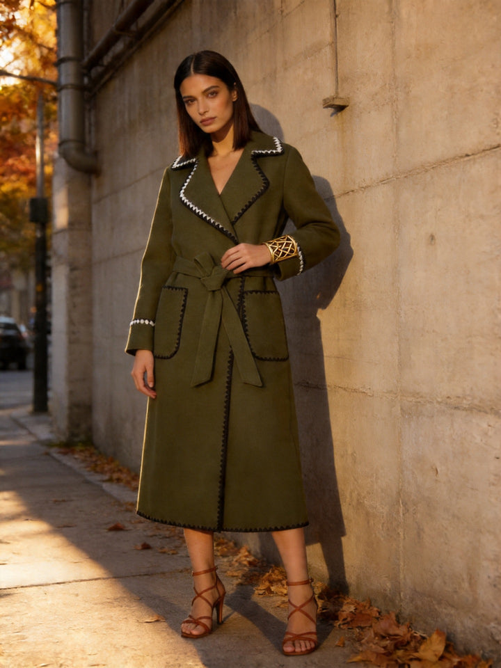 Women’s wrap coat made of wool blend with scalloped trim and tie belt Mune Fashion
