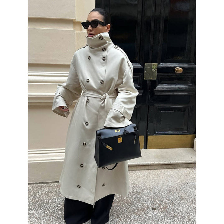 Women's Long Oversized Trench Coat with High Stand Collar, Bell Sleeves and Tie Belt Mune Fashion