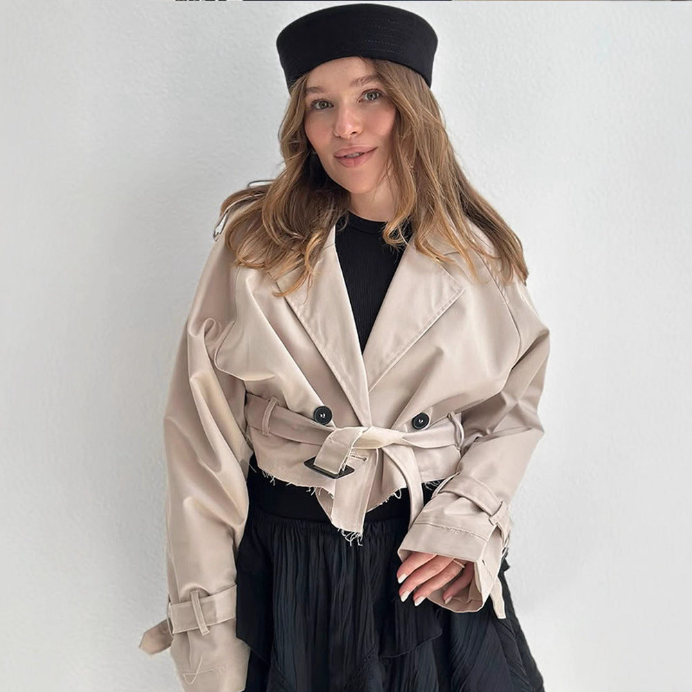 Women Short-Cut Trench-Cropped Coat with Waistbelt, Oversized Sleeves and Frayed Hem Mune Fashion