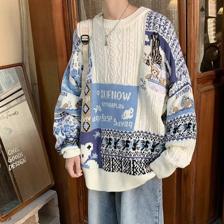 Men's Cozy Chunky Knit Sweater with Colorful Patchwork Mune Fashion
