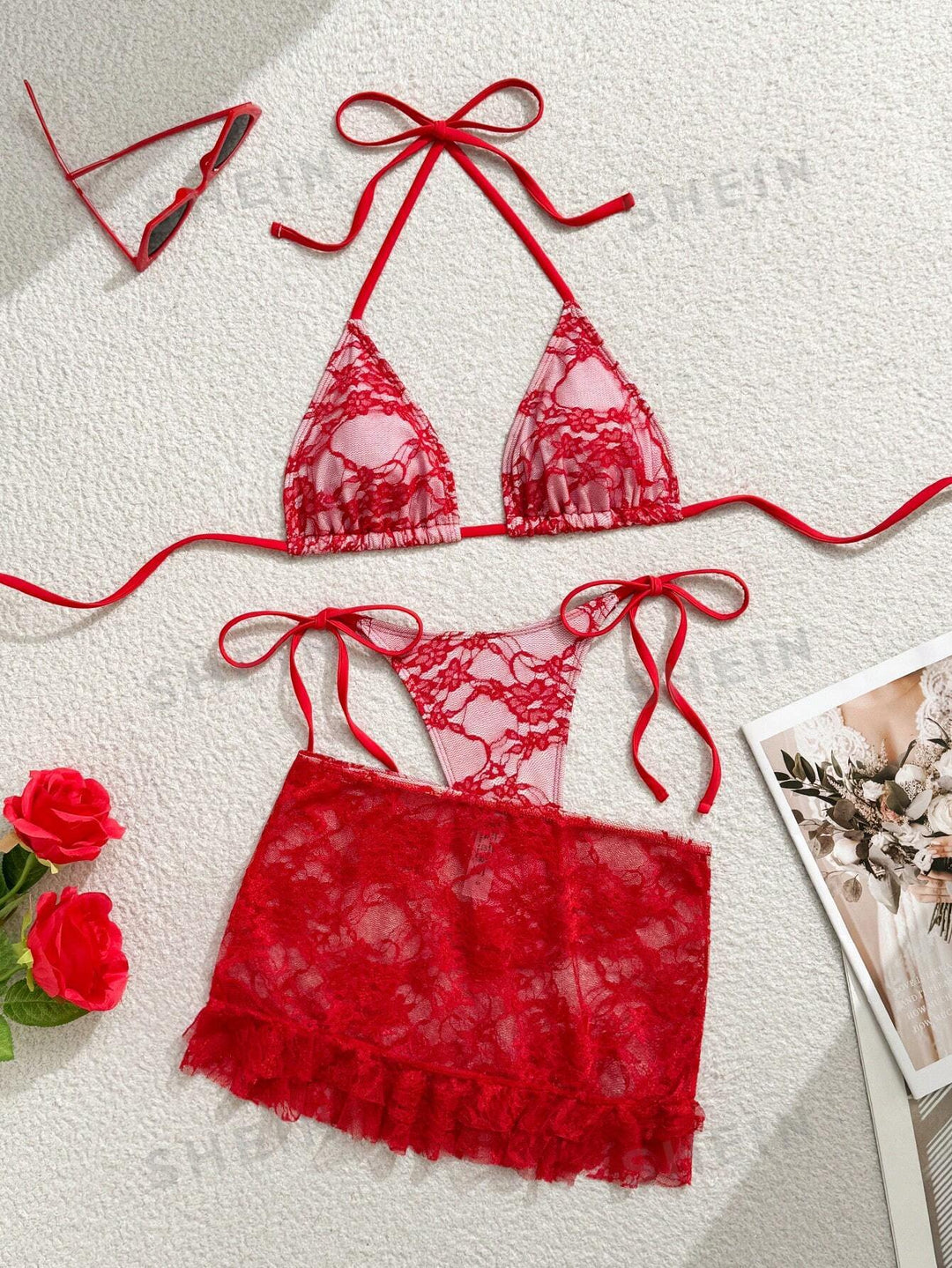 Ladies Lace Bikini with Floral Design and Flowing Skirt Mune Fashion