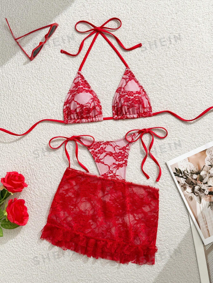 Ladies Lace Bikini with Floral Design and Flowing Skirt Mune Fashion