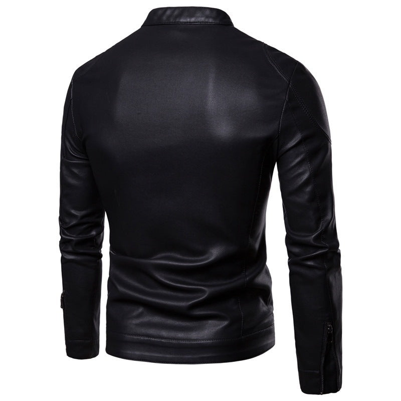 Men's Slim Faux Leather Biker Jacket with Stand Collar and Concealed Zipper Mune Fashion