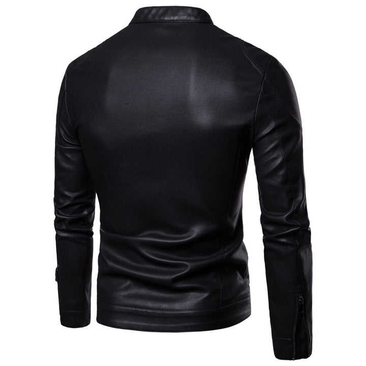 Men's Slim Faux Leather Biker Jacket with Stand Collar and Concealed Zipper Mune Fashion