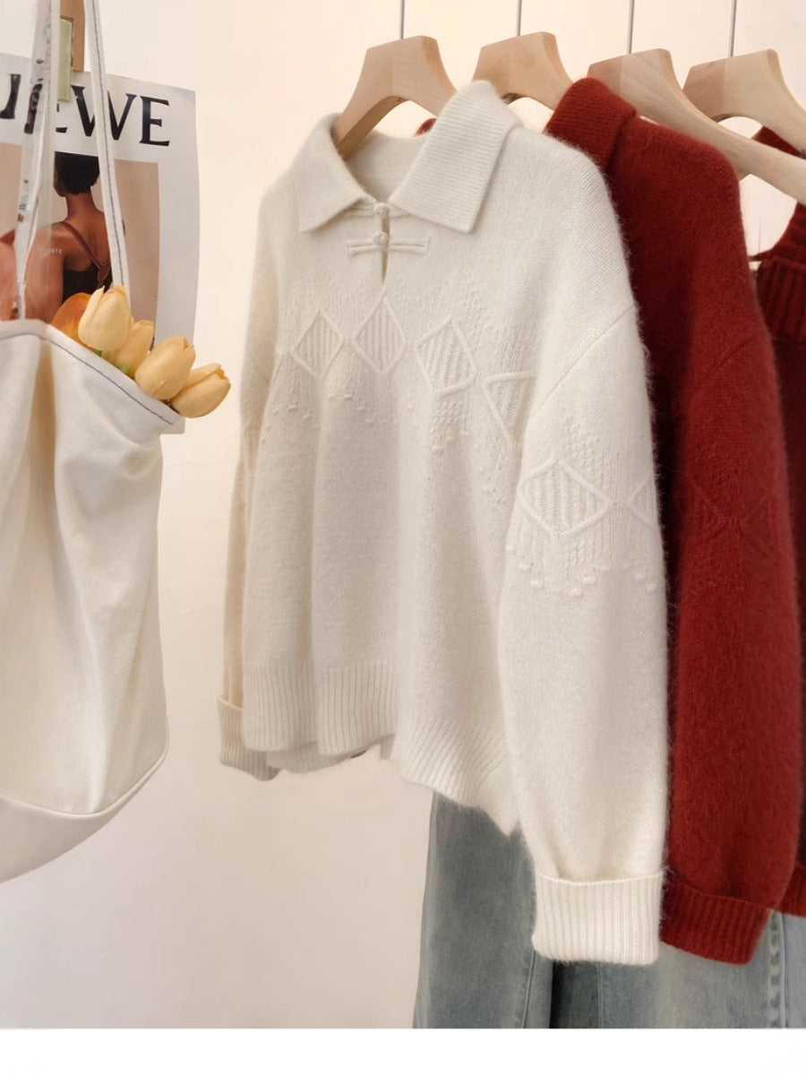Women’s polo collar pullover in mohair look with ajour cable pattern, dropped shoulder and wide silhouette Mune Fashion