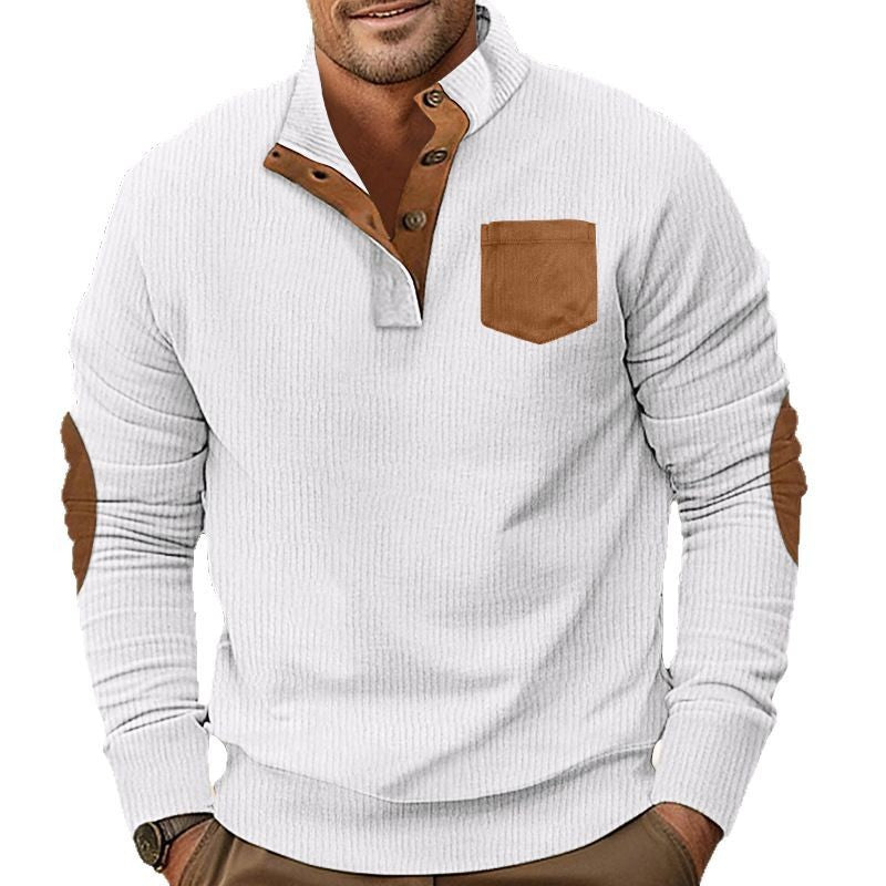 Men's structured half-button Troyer with Kent collar, chest pocket, and leather-look elbow patches Mune Fashion