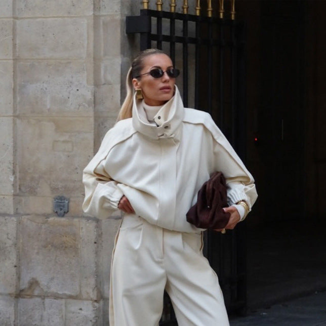 Women's Two-Piece Oversized Jacket and Pleated Pants Set with High Stand Collar Mune Fashion