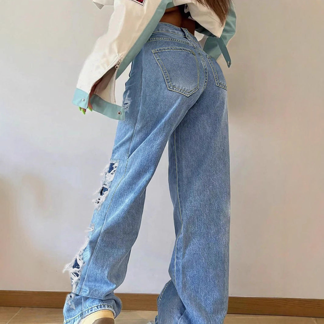 Ladies wide Destroyed jeans with side cutouts and contrasting underlays Mune Fashion