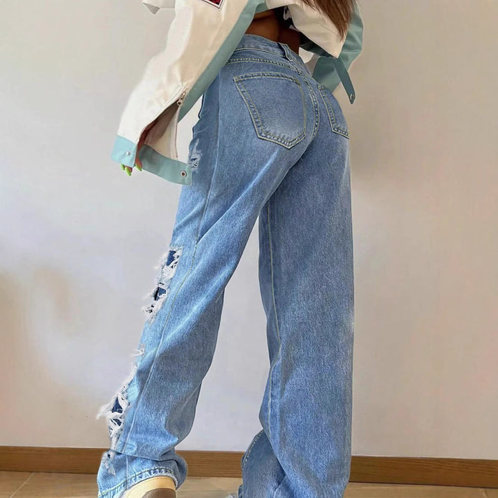 Ladies wide Destroyed jeans with side cutouts and contrasting underlays Mune Fashion