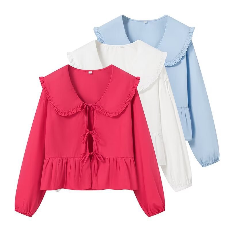 Women's Ruffled Cropped Blouse with Oversized Collar, Ties and Fitted Peplum Mune Fashion