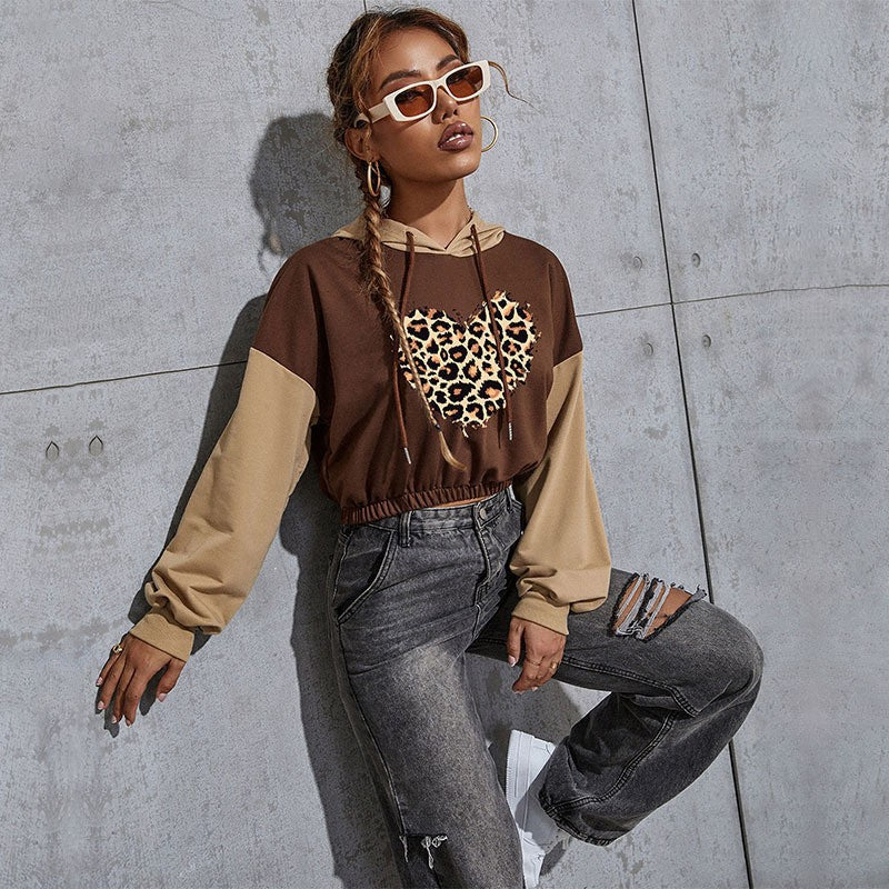 Women's Short-Cut Hoodie with Teddy Print, Colorblock Sleeves and Elastic Hem