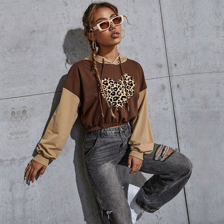 Women's Short-Cut Hoodie with Teddy Print, Colorblock Sleeves and Elastic Hem