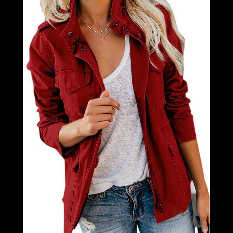 Women’s utility field jacket with stand-up collar, patch pockets and waist drawstring Mune Fashion