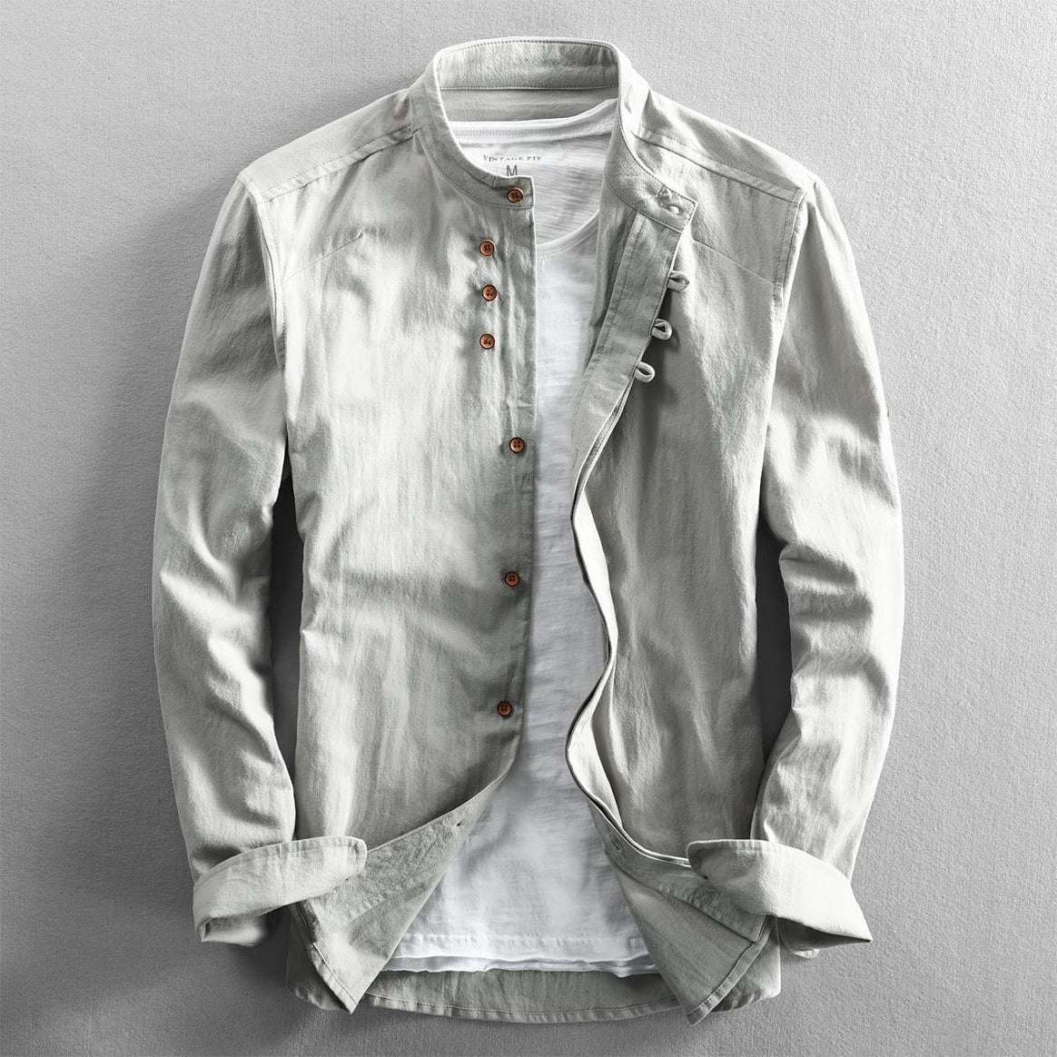 Men's Lightweight Cotton-Linen Overshirt with Stand Collar and Button Placket Detail Mune Fashion