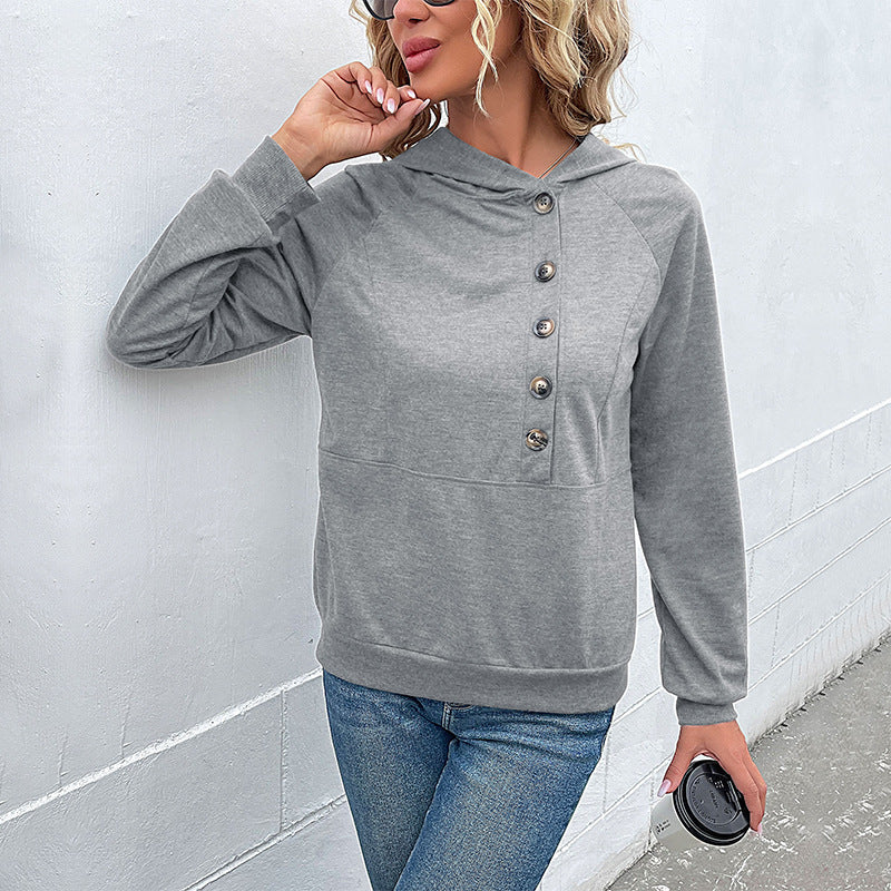 Women's hoodie with decorative button placket, raglan sleeves, and kangaroo pocket Mune Fashion