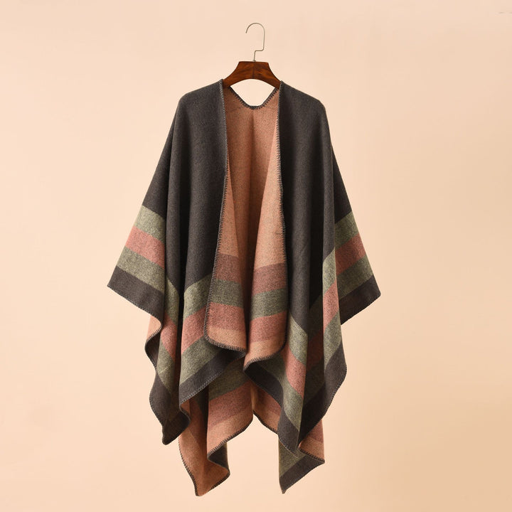 Women's wool-look poncho with asymmetrical block stripes and decorative stitch edge Mune Fashion