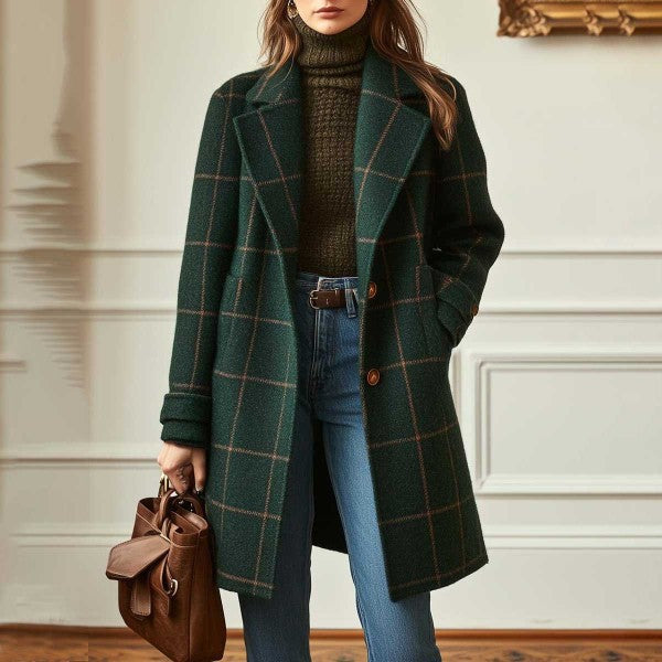 Women's checked wool blend coat with lapel collar, patch pockets, and tailored silhouette Mune Fashion