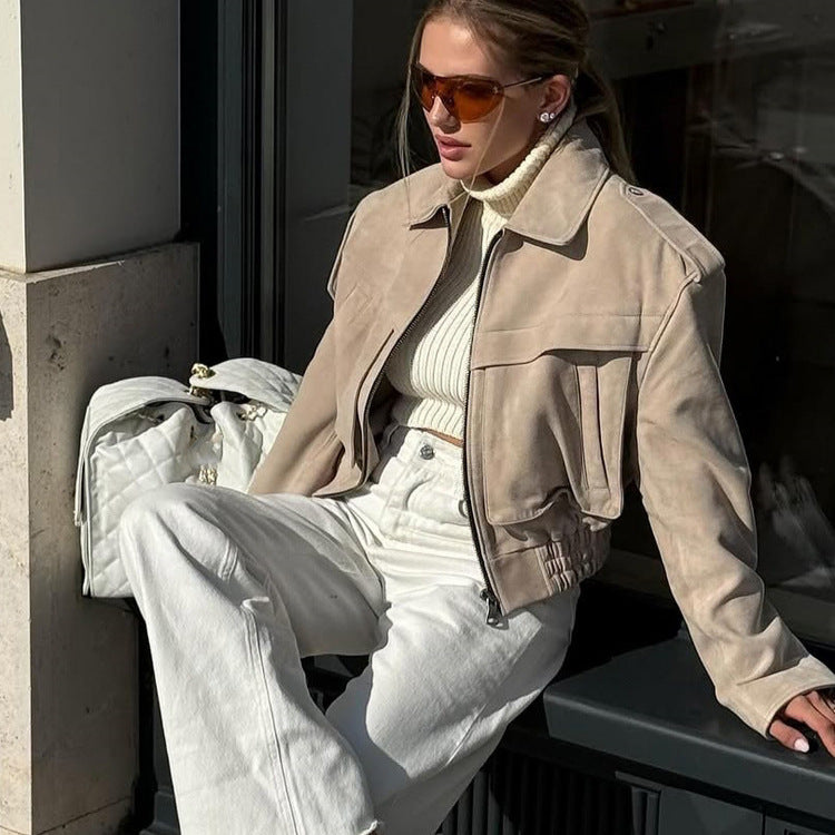 Women short blazer made of suede leather look with oversized shoulder and concealed zipper Mune Fashion