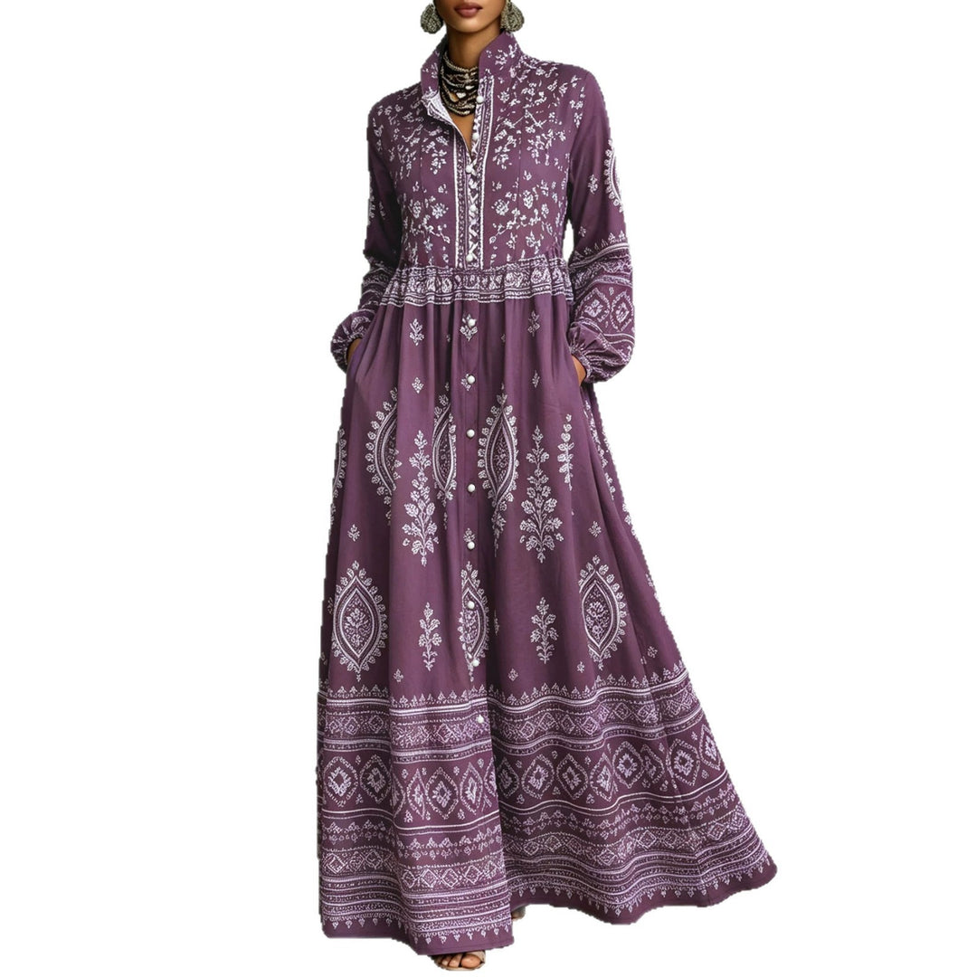 Women's maxi dress in Boho-Ethno style with standing collar, full button placket, and slanted pockets Mune Fashion