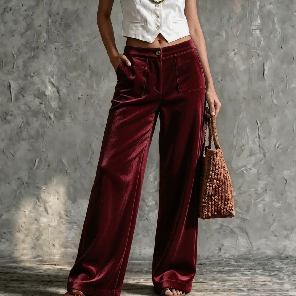 Women Wide Velvet Palazzo Pants with High Waist and Patch Pockets Mune Fashion