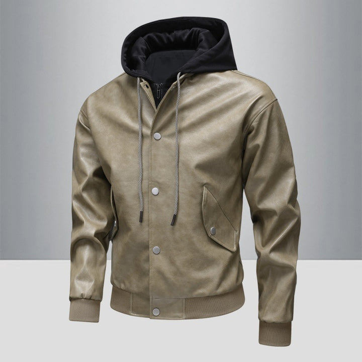 Men's leather bomber jacket with integrated hood insert and ribbed cuffs Mune Fashion