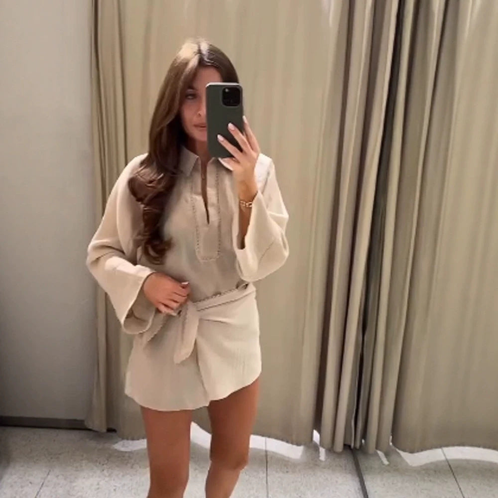 Ladies Lightweight Crinkle Two-Piece with Oversized Shirt and Wrap Mini Skirt Mune Fashion