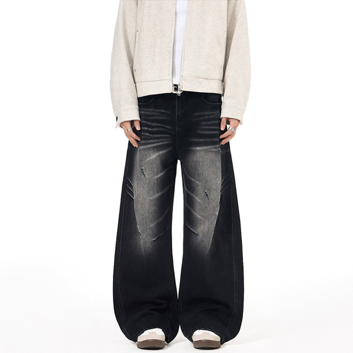 Men's Ultra Wide Denim Palazzo Pants with Sculptural Side Panels and Used Effect Mune Fashion