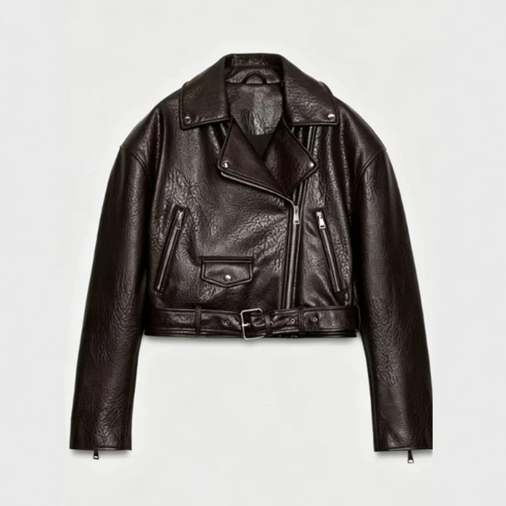 Women's short-cut biker jacket made of faux leather with a waist belt and asymmetrical zipper Mune Fashion