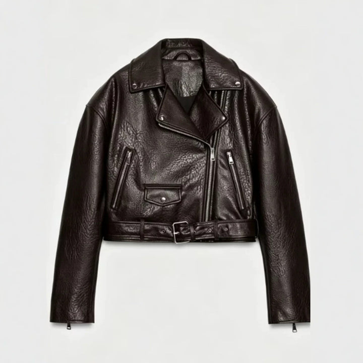 Women's short-cut biker jacket made of faux leather with a waist belt and asymmetrical zipper Mune Fashion