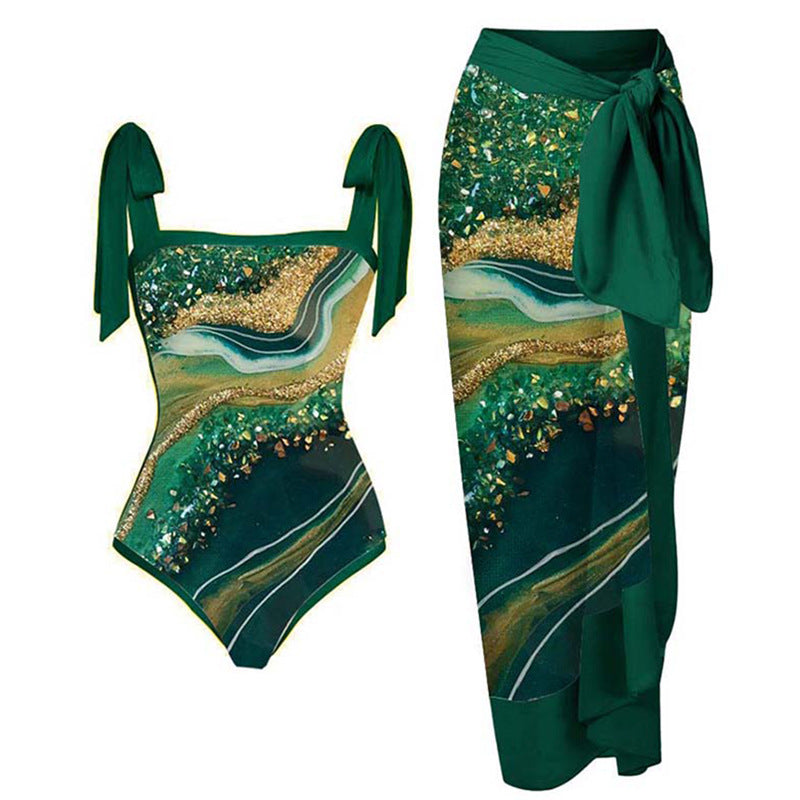 Women's Swimwear Set with Floral Swimsuit and Matching Maxi Skirt Mune Fashion