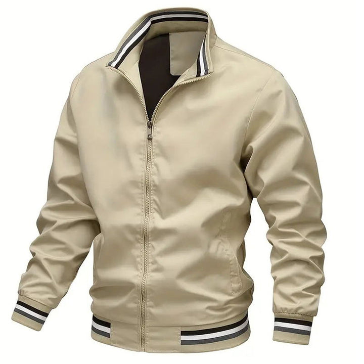 Men's lightweight windproof bomber jacket with stand-up collar, elastic cuffs, and full-length zipper.