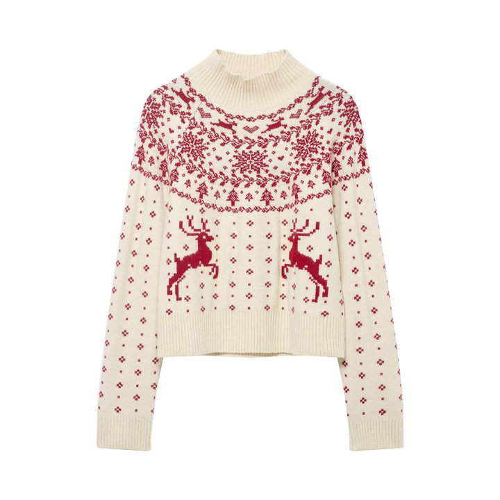 Women's short Norwegian knit sweater with high ribbed collar and reindeer motif Mune Fashion