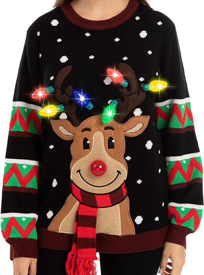 Women's Christmas sweater with reindeer appliqué, integrated light string, and three-dimensional nose pom-pom Mune Fashion