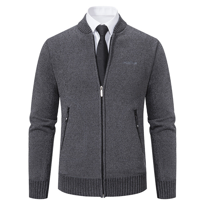Men's lightweight business knit cardigan with concealed front zipper, zippered pockets, and ribbed hem Mune Fashion