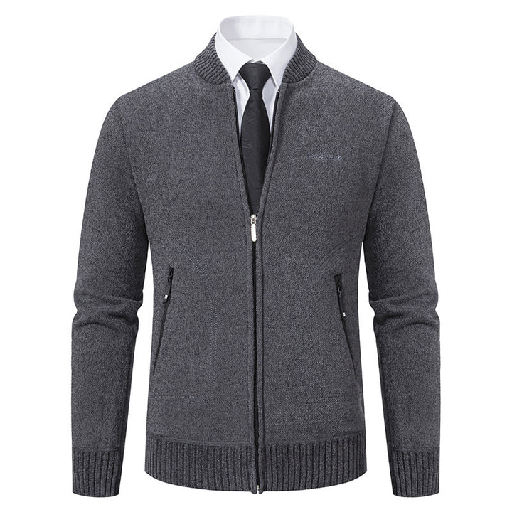 Men's lightweight business knit cardigan with concealed front zipper, zippered pockets, and ribbed hem Mune Fashion
